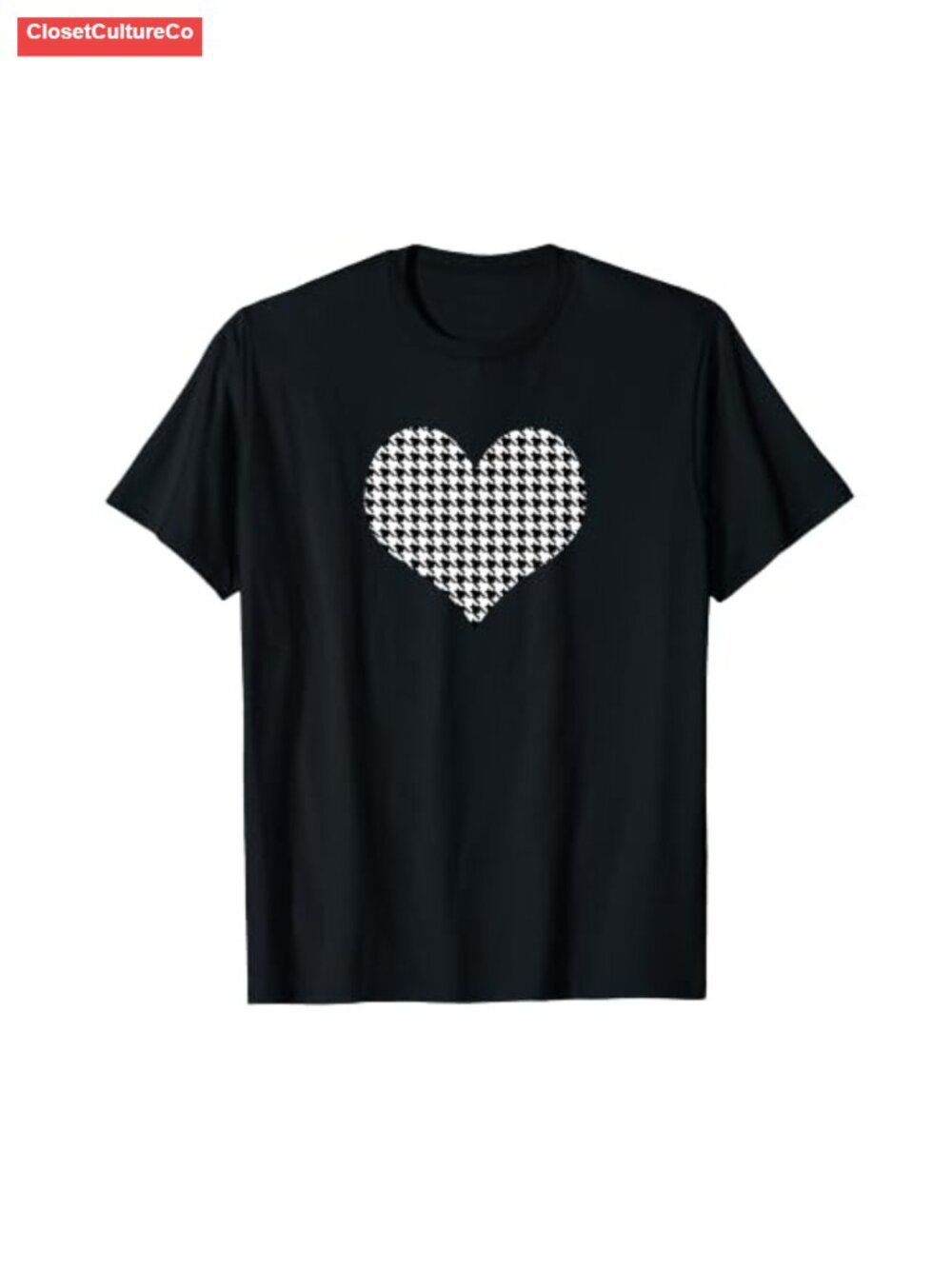 Houndstooth Heart Print Crew Neck Short Sleeve Tee Casual Vacation Top